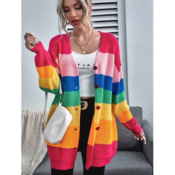 Colorblock Multicolor Long Button Up Knit Cardigan V-Neck - Picture 6 of 7